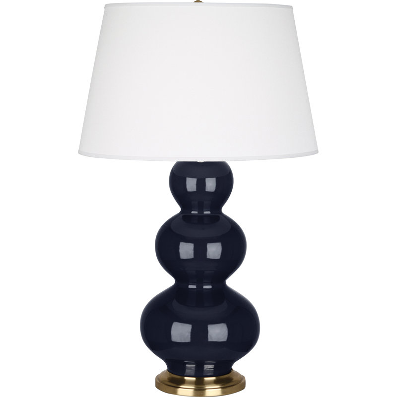 Lampe de table triple gourde 32,75 po, Céramique émaillée bleu minuit / laiton antique, Laiton antique