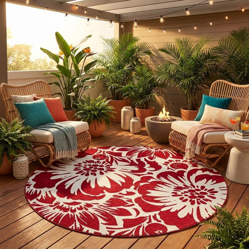 Tapis d'intérieur rond 8 pi bourgogne et blanc rond à motif floral lavable et antidérapant