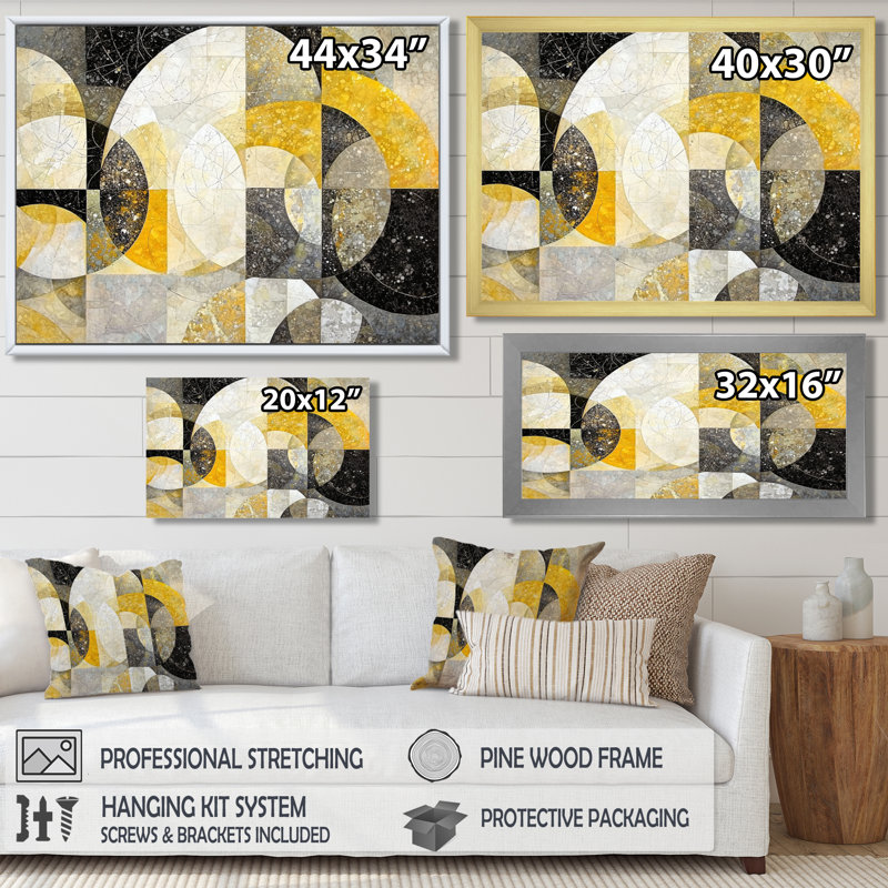 «Celestial Balance of Yellow Mosaic II» - art mural abstrait géométrique, H 16 po x l 32 po, Brun