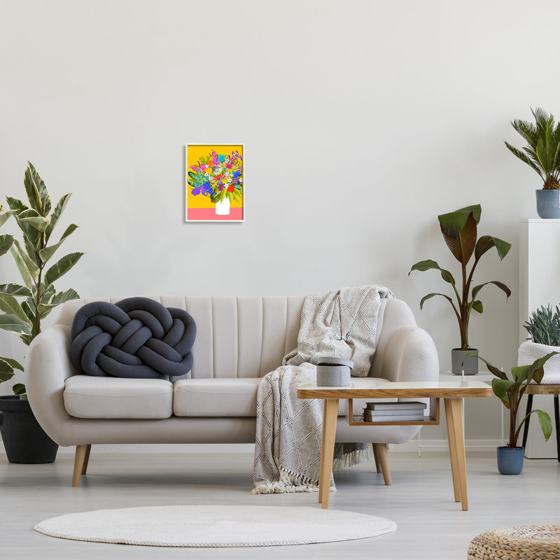 Az-489 - Bouquet encadré sur jaune, Giclée encadrée blanc bord de mer, H 14 po x l 11 po x P 1,5 po
