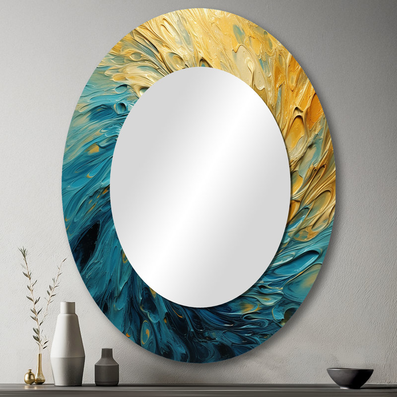 Vagues dorées tourbillonnantes dorées II - miroir mural ovale moderne doré, 43 po x 33 po