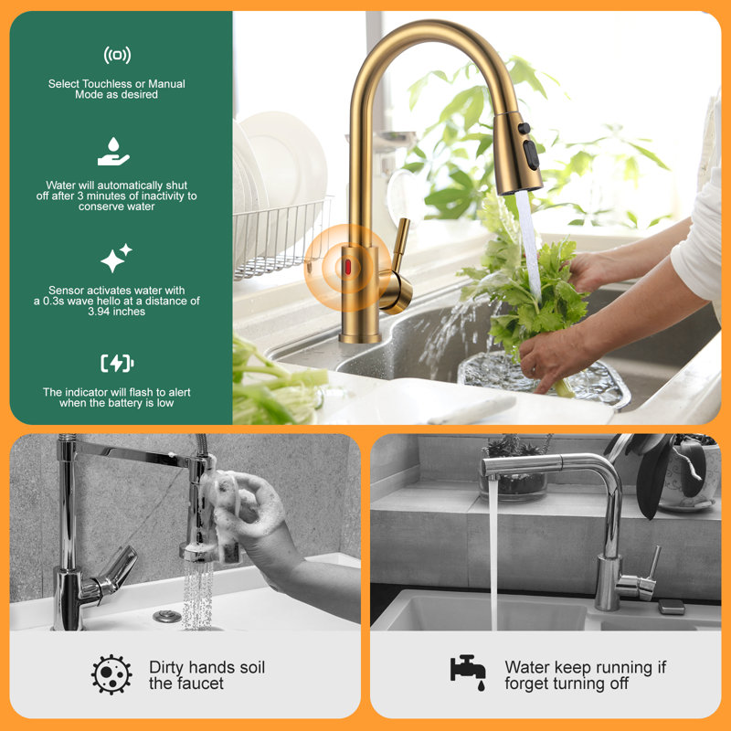 ARCORA Stainless Steel  Single Handle Pull-Down Sprayer Kitchen Faucet Set with Touchless Sensor, Gold