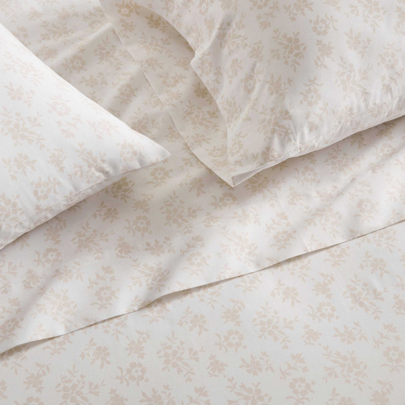 Martha Stewart Cotton Percale  Sheet Set, Queen Sheet Set with 2 Pillowcases, Francesca Stripe Beige