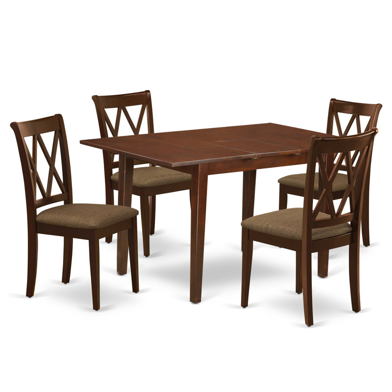 5 Piece Dining Set Includes a Rectangle Dining Table with Butterfly Leaf and 4 Linen Fabric Kitchen Room Chairs, Mahogany