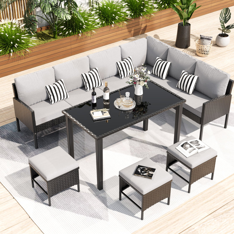 Contemporain 7 meubles de patio avec une conception ergonomique à haut dossier, des coussins imperméables, une structure résistante aux intempéries, un siège pour 10 personnes ou plus, une structure de siège