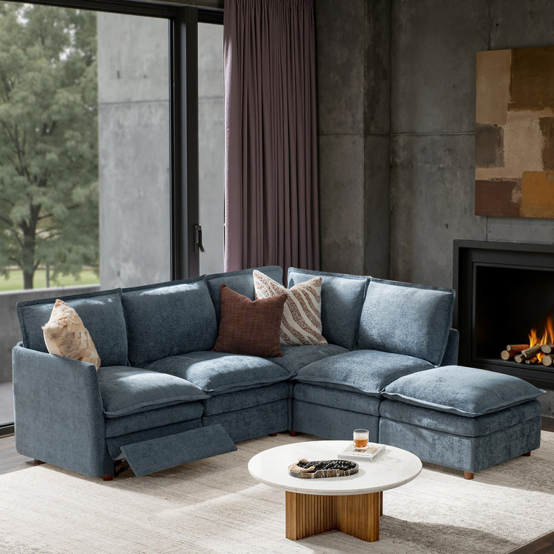 Cashin 97.5“ Modern Oversized Double-Layer Cushion Storage Sectional Sofa with Extendable Foot Pedal, Blue Polyester