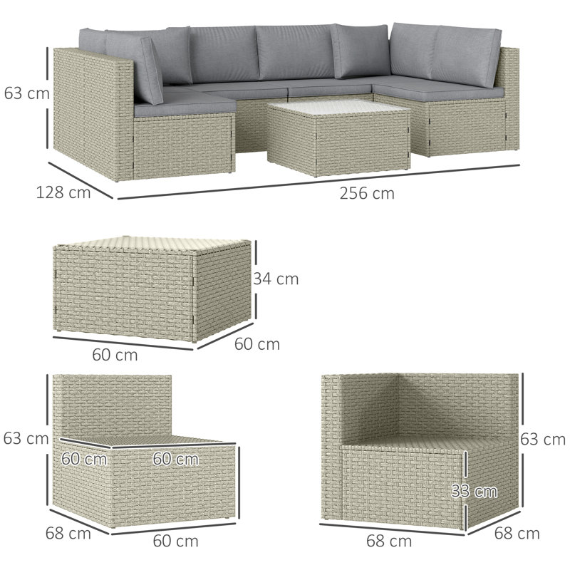 Outsunny 7 Pieces Rattan Garden Furniture Set, 6 Seater Sofa, Light Brown
