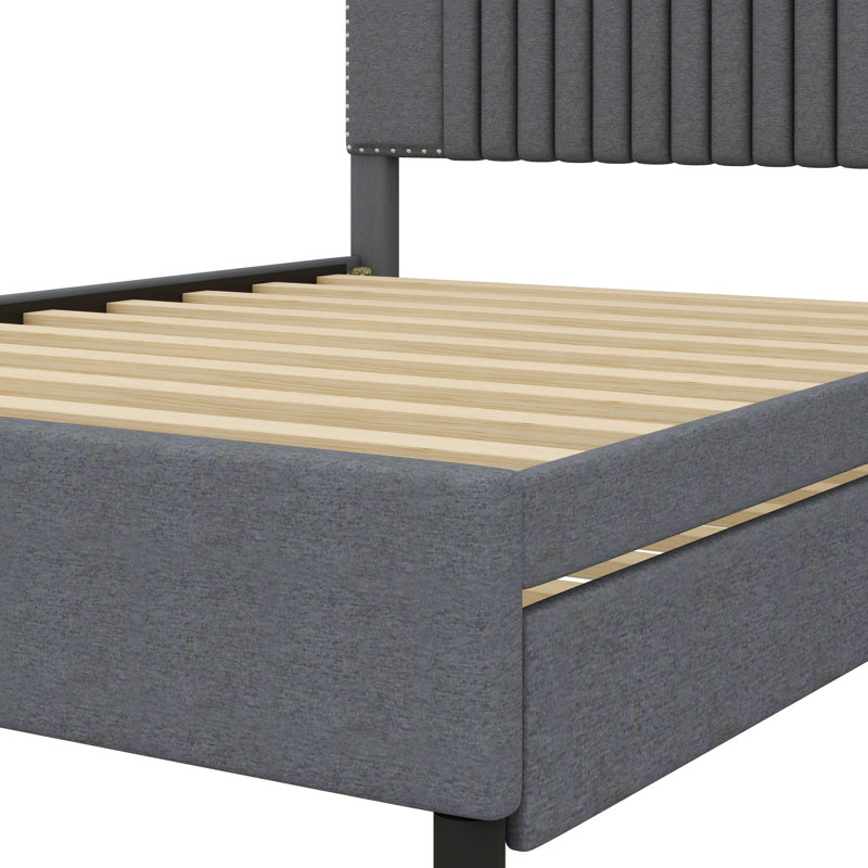 Full Size Bed With Twin Size Trundle, Double, gris