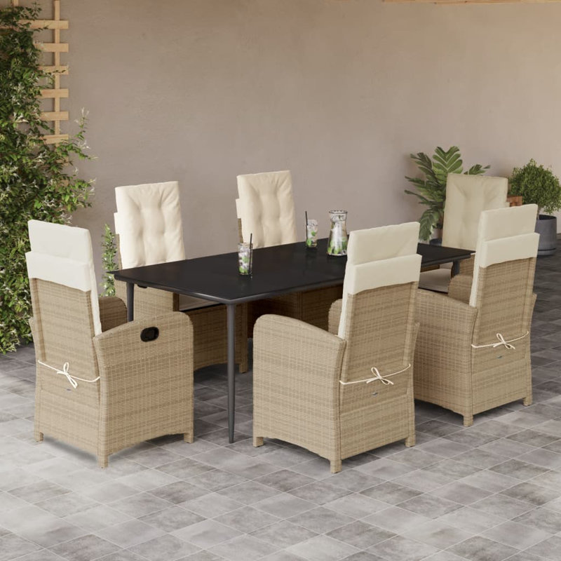 Ensemble repas 5 pièces avec coussins en rotin Red Barrel Studio®, Noir, Crème / Beige Pieds pointus