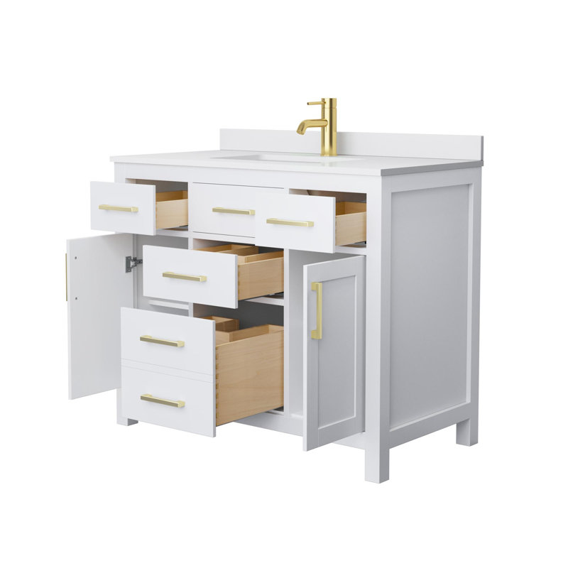 Beckett 42" Freestanding Single Bathroom Vanity with Cultured Marble Top, White Cultured Marble, White, Brushed Gold