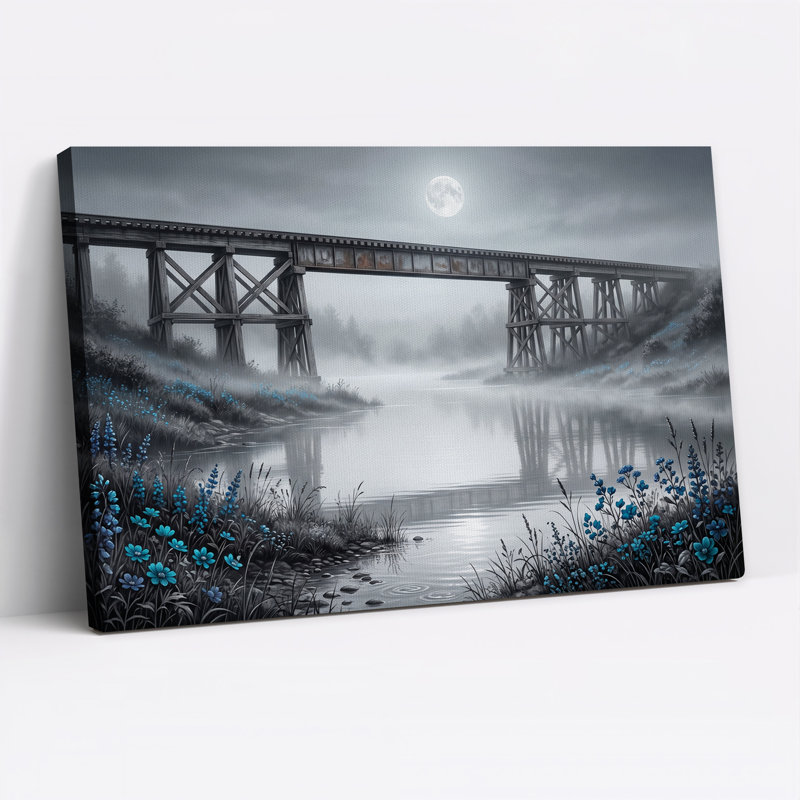 Tableau sur toile représentant un pont de bois au clair de lune orné de fleurs bleues, 16"H x 24"W
