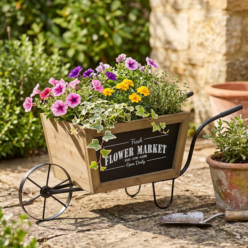 Boîte à fleurs en bois pour charrette brouette en bois avec cadre en métal noir 19,5 po x 8 po x 8,3 po