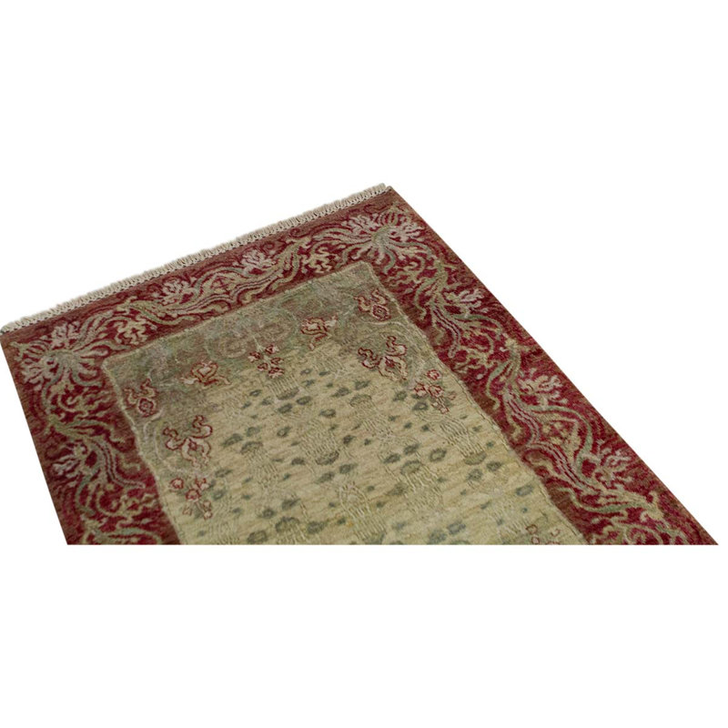 Tapis unique en laine noué à la main de 3 pi 1 po x 4 pi 6 po rouge / beige / vert