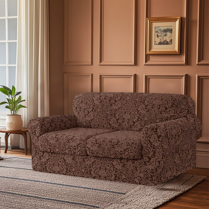 Housse pour causeuse extensible à 2 coussins Jacquard, Polyester café