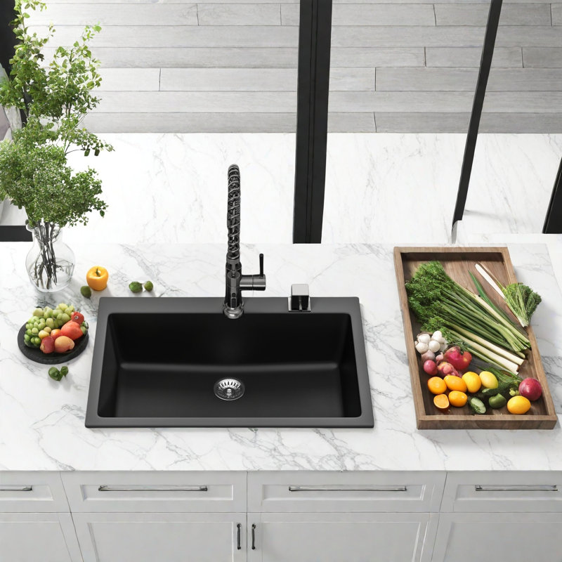 Black Quartz Composite Drop-In Kitchen Sink 33x22 Inch – Commercial Grade, Thickened Quartz, Anti-Fade