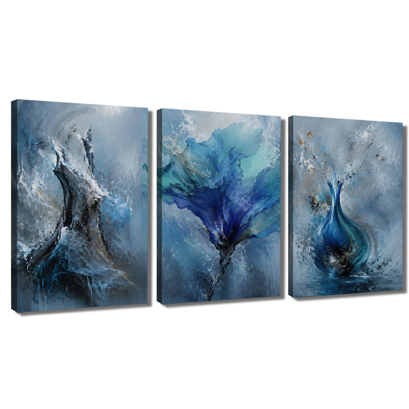 Tableau à trois panneaux, vase floral bleu abstrait, impression sur toile tendue, 28 * 40 pouces * 3