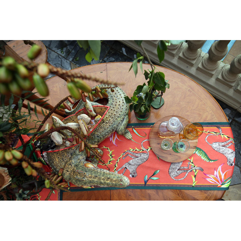 Ardmore 'Monkey Paradise' Cotton Runner, Chalk, 94" x 16"