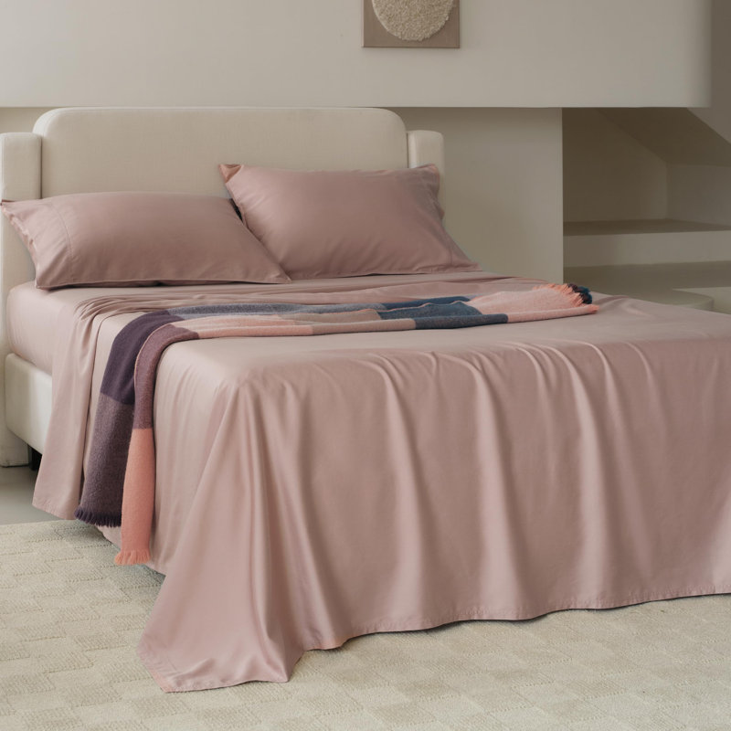 Double Stitch Sheet - Luxury Cotton Tencel Eucalyptus Bed Sheets Deep Pocket, 4 Pc Soft Hotel Bedding Set Cooling Breathable, 1 Fitted Sheet & 1 Flat Sheet & Pillowcases