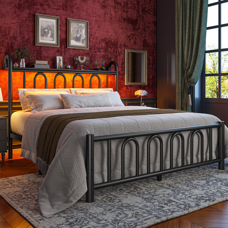 Metal Platform Bed Frame With Storage Headboard And Led Light, Black, Queen