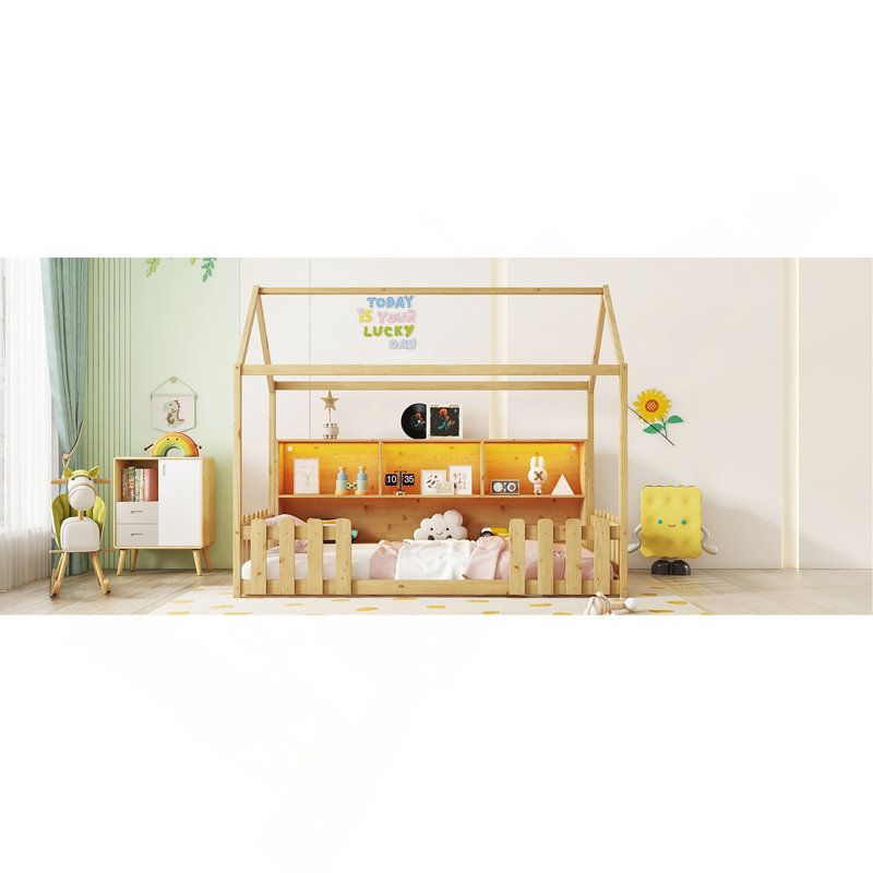 Lit simple avec lumière DEL, lit maison en bois avec bibliothèque de rangement, lit maison au sol, Naturel