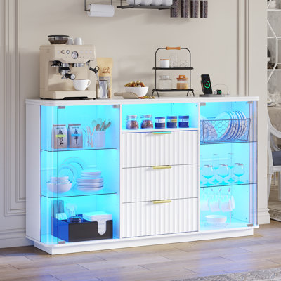53''W Glass Sideboard Cabinet with LED Lights, Fluted Buffet Cabinet, 3-Drawer TV Stand