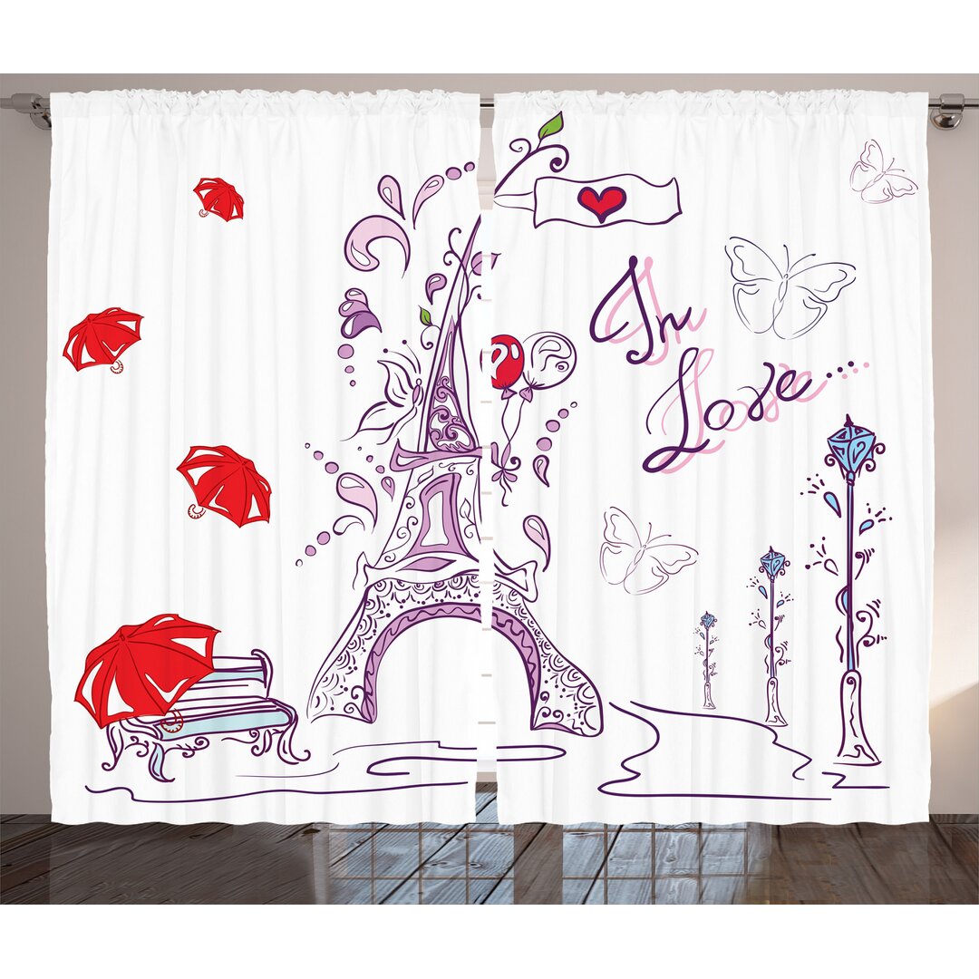 Rustikaler Vorhang, Doodle Romantisches Paris, Eiffelturm, Lila Red Pale Blue