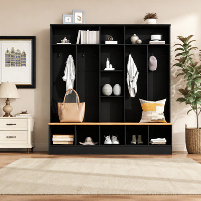 ON-TREND Wide Design Hall Tree with Storage Bench, Minimalist Shoe Cabinet with Cube Storage & Shelves, Multifunctional Coat Rack with 8 Hooks for Entryways, Mudroom, Black (OLD SKU: N721S000021B)