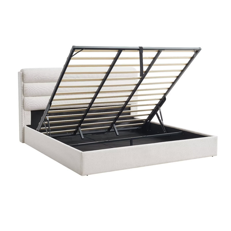 Linen 3-Panel Headboard King Bed Frame with Lift Up Storage, No Box Spring Needed, Ivory, King, Ivory
