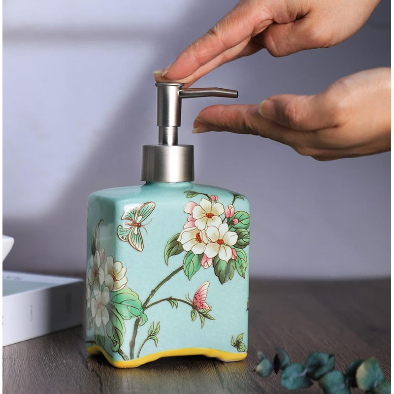 13oz Ceramic Soap Dispenser | Flower Pattern Lotion Bottle with Removable Pump | for Kitchen/Bathroom Soap & Oils, Cyan