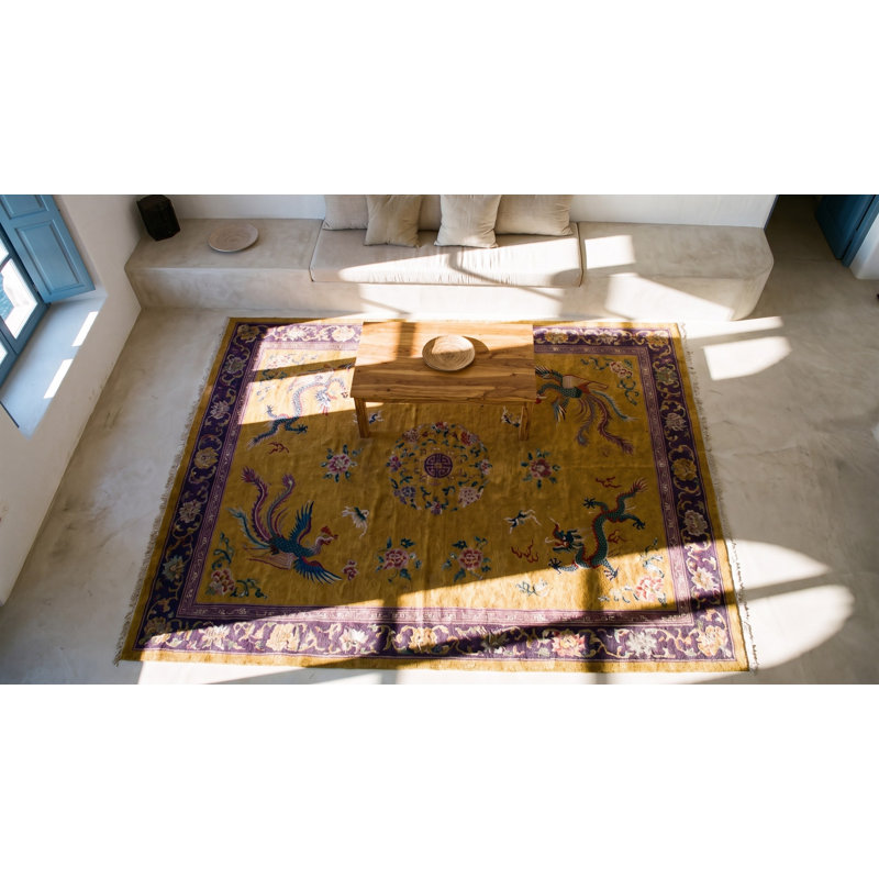 Yellow / Gold Orange Floral 1920s Hand Knotted Pile Wool Antique Rectangle Rug