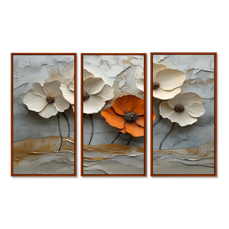 Blanc et orange, coquelicots en fleurs - coquelicots, art mural pour le salon - ensemble de 3, H 40 po x l 60 po, Brun