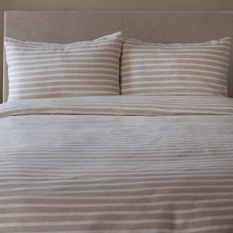 100% French Linen Duvet Cover & Sham Set, Twin Duvet Cover + 1 Standard Pillow Sham, Putty & Cream Stripe