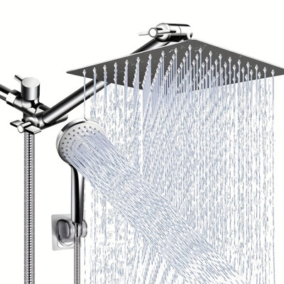 Ensemble de douche à effet pluie Mosson réglable de 20 cm avec bras pliable, douchette à main à 3 jets et inverseur en alliage de zinc, chromé