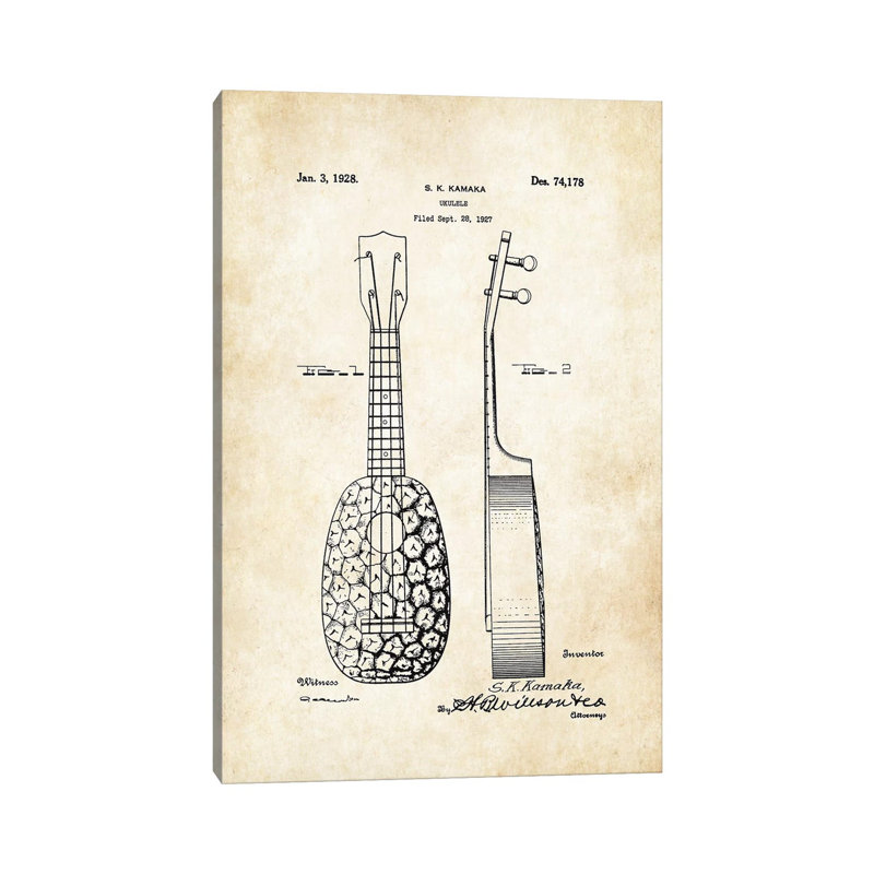 Pinapple Ukulele (S.K. Kamaka) by Patent77 - Wrapped Canvas Print, 18" H x 12" W x 1.5" D