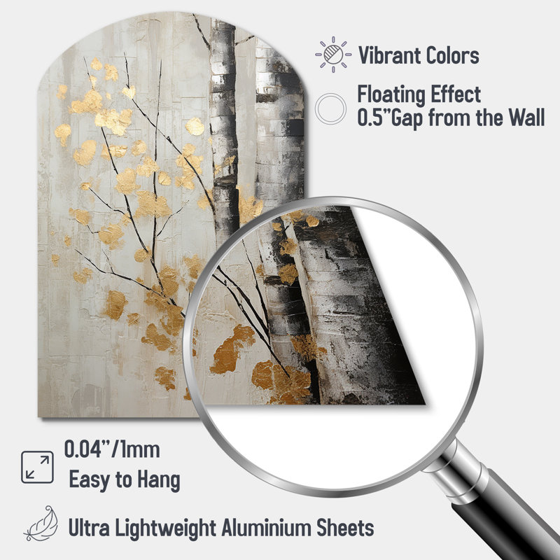 «Tree Whispers Of Grey and Gold», impression murale sculpture en métal monochrome, H 43 po x l 33 po