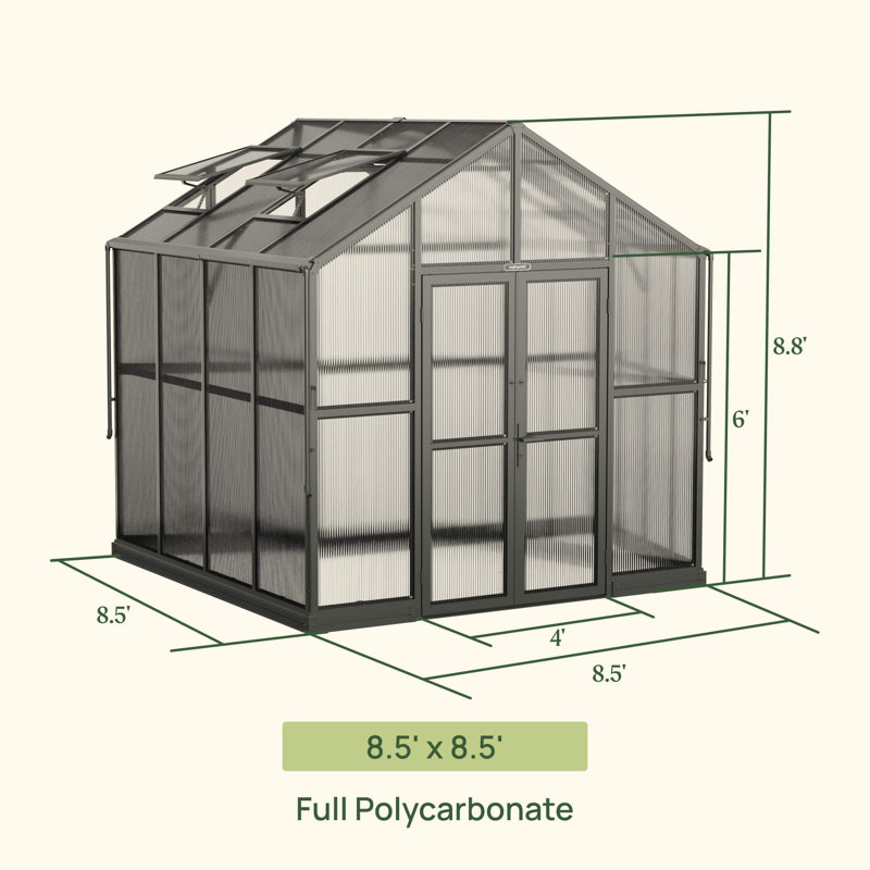 Victorian 8.5ft Wide Outdoor Metal Polycarbonate Greenhouse, 8.5'D