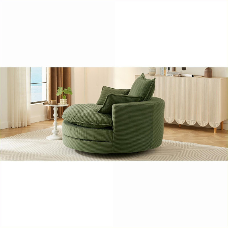 Fauteuil d'appoint en tonneau surdimensionné, fauteuil pivotant à 360 ° pour le salon, velours côtelé vert doux avec coussin à deux couches