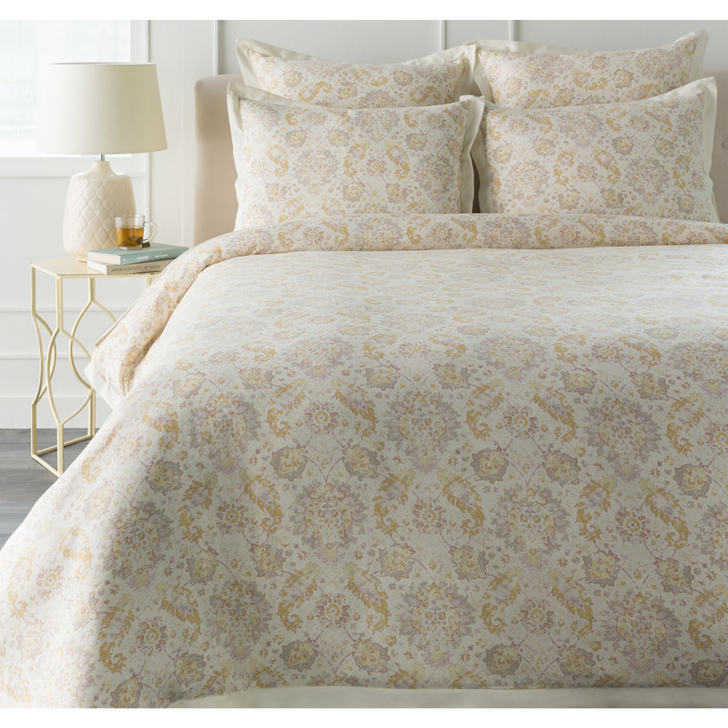 Mona Traditional Cotton Floral Duvet Cover, Full / Queen Duvet Cover + 2 Standard Shams, Neutral/Gray/Orange