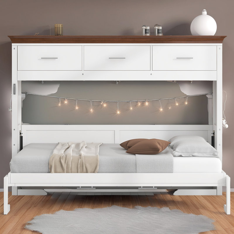 Lit escamotable simple avec 3 tiroirs - Lit escamotable mural - Finition blanche - Capacité de 400 lb