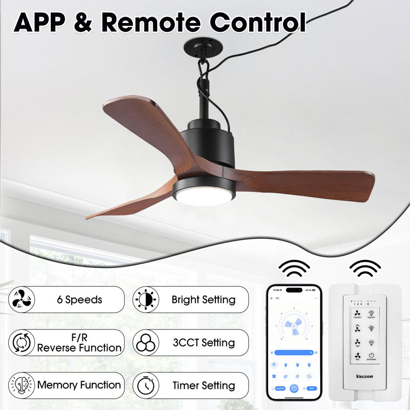Vaczon 42" Smart IP54 Waterproof Plug-in Propeller Ceiling Fan with Dimmable 3CCT LED Lights 6-Speed Reversible DC Motor Timer Remote and APP Control