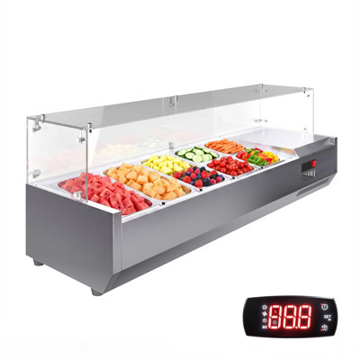 Station de préparation réfrigérée, station de buffet à salade à refroidissement à air 140W, thermostat numérique 35-46 ° F, avec trois casseroles 1/3 et quatre casseroles 1/6, acier inoxydable 304, bouclier en verre, pour camion de nourriture de restaurant