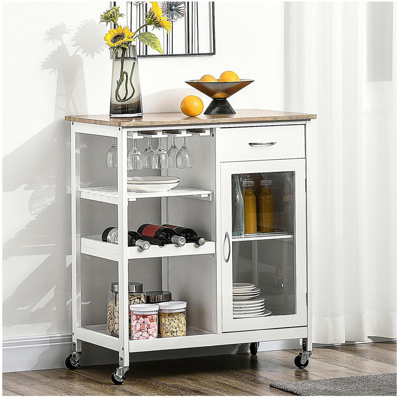 Îlot de cuisine mobile avec espace de rangement, chariot de cuisine à 4 bouteilles, chariot-bar avec porte-gobelet à pieds hauts, chariot de cuisine avec tablettes et tiroirs, blanc