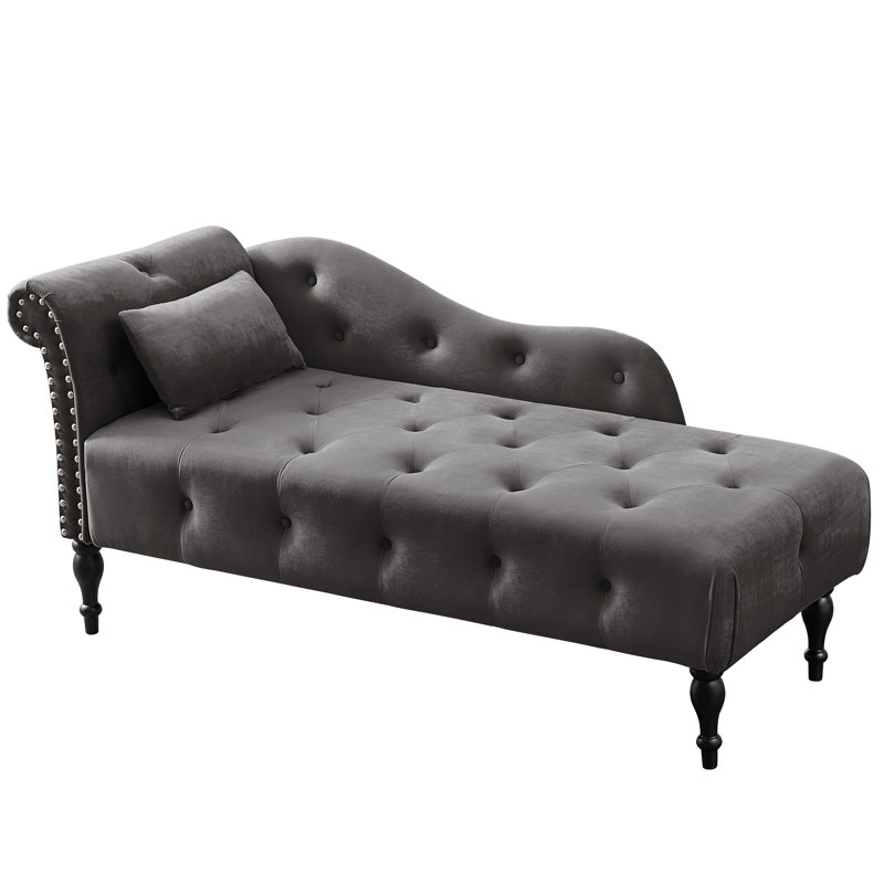 Méridienne en velours gris avec boutons et cadre en bois avec garniture cloutée élégante, pieds solides et coussin confortable - Rehaussez le décor de votre bureau personnel