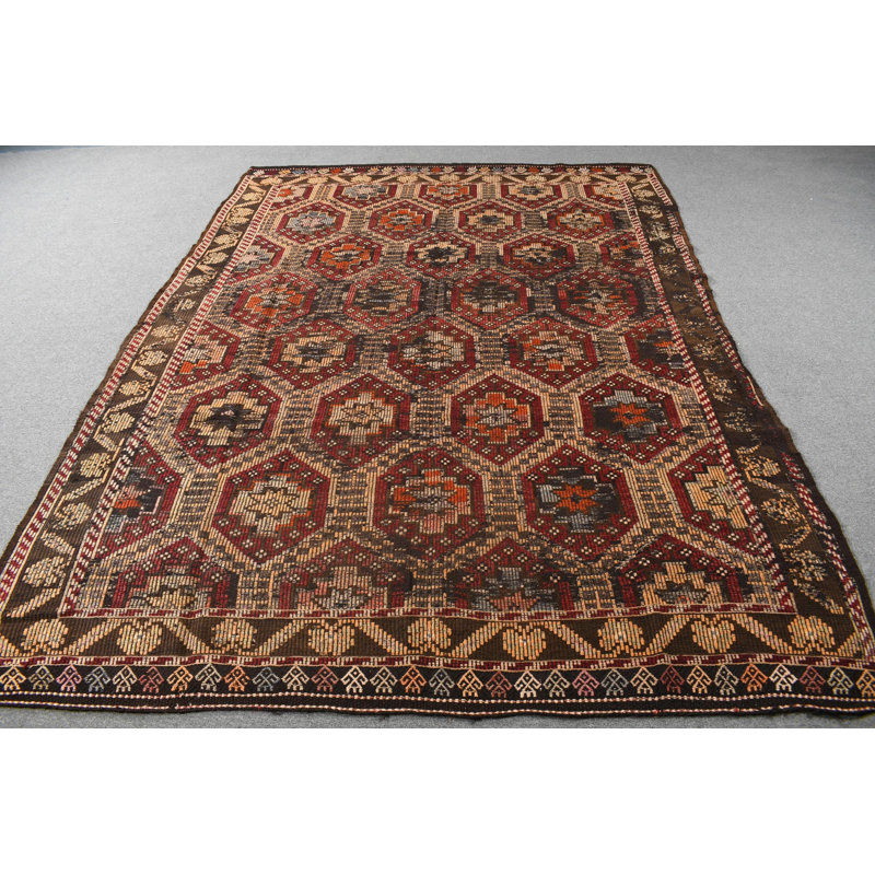 Grand tapis kilim turc rétro en brun - Style scandinave brodé pour le salon
