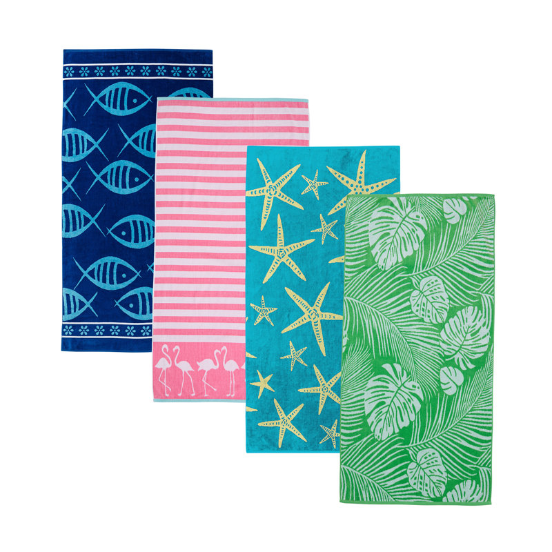 Serviettes de plage 100% jacquard 100% coton, Poisson multicolore, flamant rose, feuille de palm
