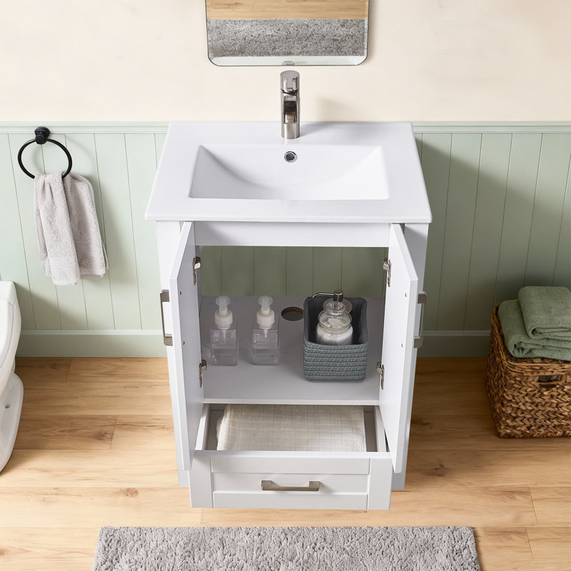 24" Modern Free-Standing Single Bathroom Vanity With Ceramic Top, White