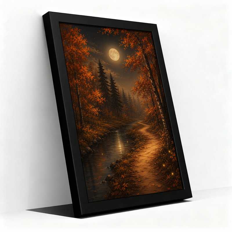 "Autumn Forest Path And Stream Under Full Moon", art mural sur toile, 36"H x 24"W