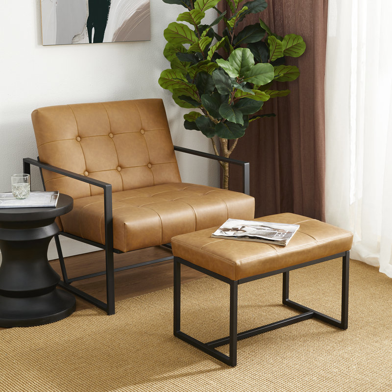 Buren Faux Leather Armchair with Ottoman, Brown Faux Leather