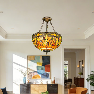 Lustre en verre teinté orange de style Tiifany avec chaîne en bronze antique