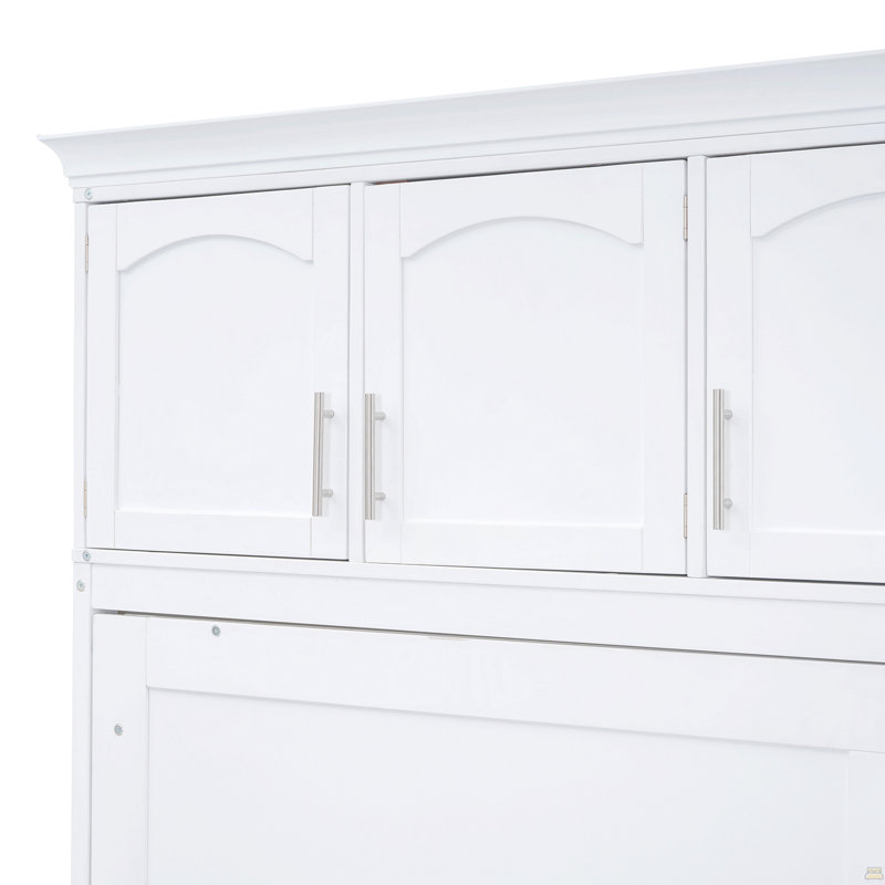 Lit escamotable double pleine grandeur avec armoires supérieures, Lit double, Blanc